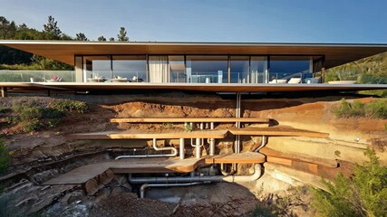 A modern house in nature with unique architectural design, revealing an underground section showing plumbing, infrastructure. Surrounded by greenery and sunlight, blends innovation and sustainability.