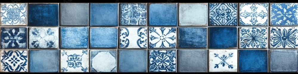 Aufkleber a vibrant collection of intricate blue and white patterned tiles arranged in a grid. showcasing vari