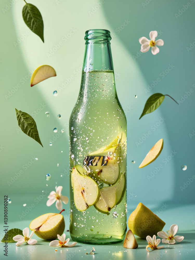 Poster vivid design food and beverage advertisement: a refreshing bottle of sparkling water infused with pe