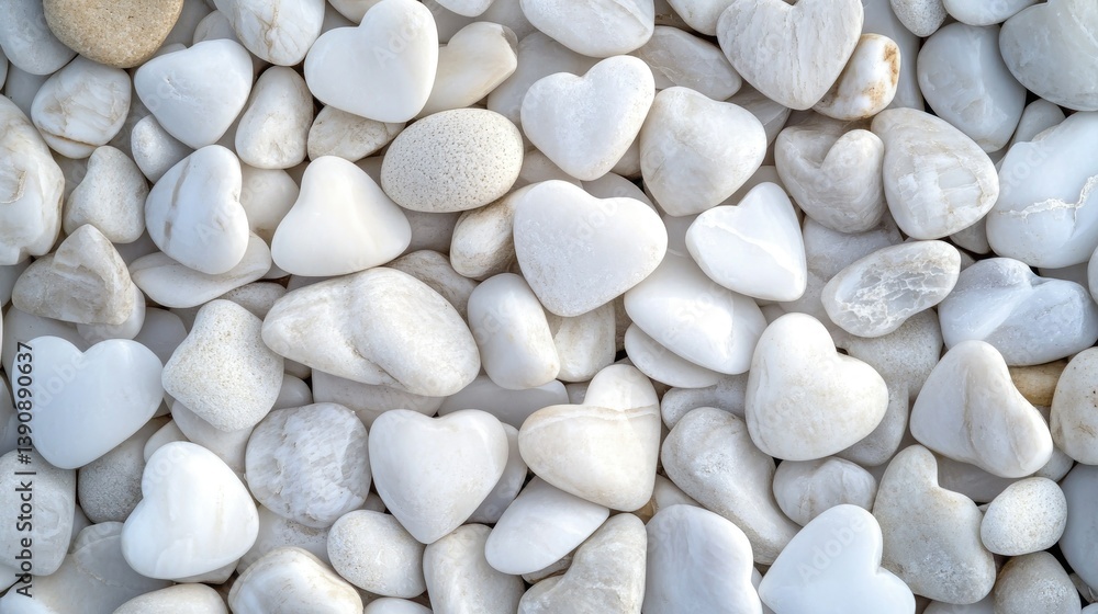 Poster a close-up view of white stones shaped like hearts scattered on a light background. creating a seren