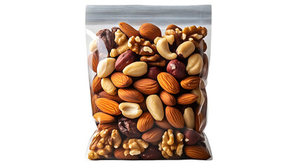 A clear bag filled with assorted nuts perfect for healthy snacking and culinary uses