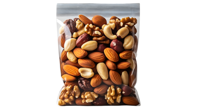 A clear bag filled with assorted nuts perfect for healthy snacking and culinary uses