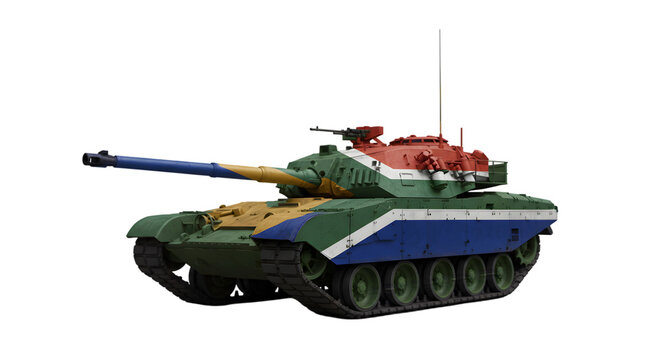 A south african olifant tank against a black background in a studio