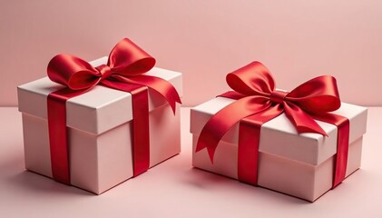 Obraz premium Elegant red ribbon tied gift boxes, gold accents, stylish, vintage, surface