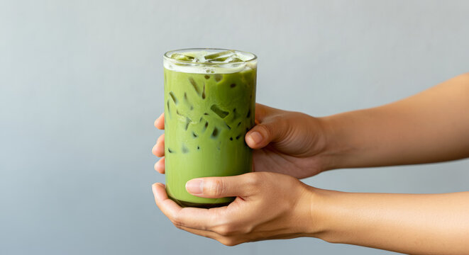 Hand holding iced matcha latte in transparent glass against gray background