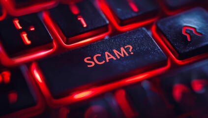 SCAM button on an online store's computer keyboard, online scammers, computer fraud. Security protection, Identifying online fraud and scams digital space informational graphic technology.