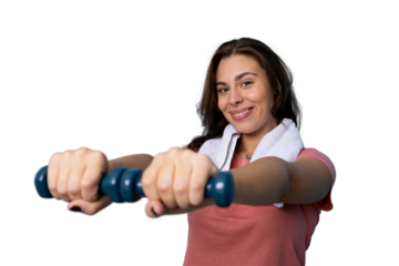 Female athlete lifting weights, smiling during strength training session, transparent background
