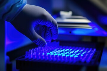 A close-up view of a gloved hand operating a laboratory machine displaying colorful data lines. with a modern lab setting in the background emphasizing advanced technology