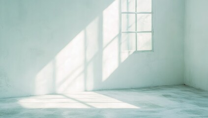 Obraz premium A serene indoor scene showcasing soft sunlight filtering through a window. casting delicate shadows on a minimalist white wall. creating a calming atmosphere ideal for relaxation