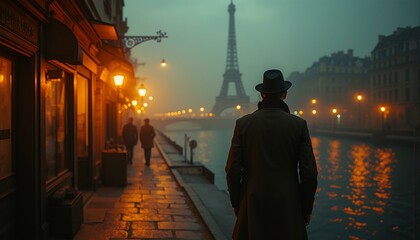 A person in vintage clothing walks down a street in Paris, surrounded by old buildings, gas lamps, and mist.