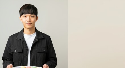 Young asian male holding tray of colorful cupcakes with neutral background
