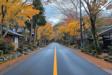 Asphalt Road Between Traditional Japanese Houses and Autumn Foliage