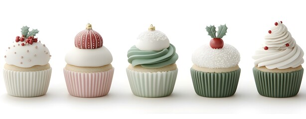 Five Pastel Mini Cupcakes with Festive Holiday Decorations on White Background