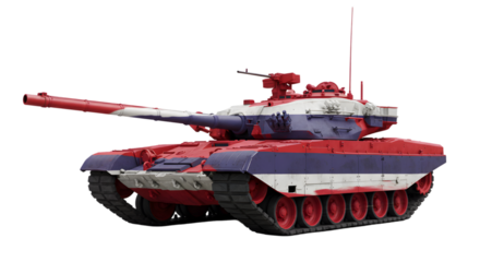 A military tank painted with red white and blue stripes on black ground