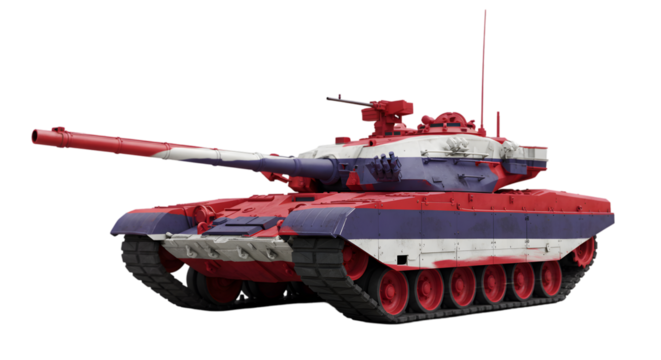 A military tank painted with red white and blue stripes on black ground