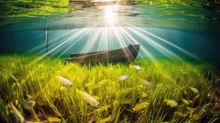 Sunken rowboat sits among vibrant grasses underwater, teeming with fish in a clear, sunlit lagoon