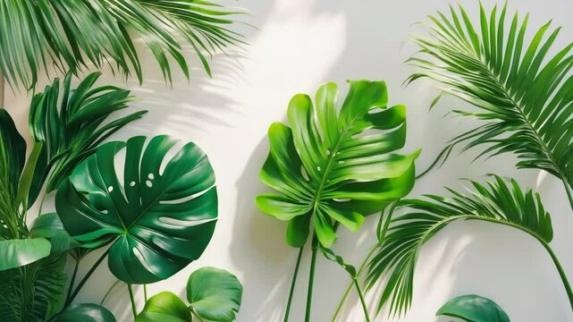 Green flat lay arrangement of tropical palm leaf branches on a white background with space for text.