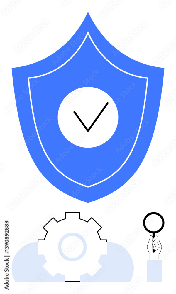 Poster shield with checkmark symbolizing protection, gear for process optimization, magnifying glass for an