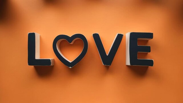 A love emblem. Twisted wooden blocks changing the word to love. Gorgeous orange table, orange background, available blank space. Valentine's Day and love motif.