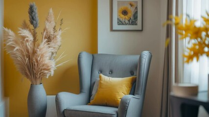 Grey armchair with pampas grass in a vase and wall artwork in the room.