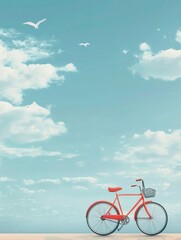 Fototapeta premium Red Bicycle with Basket Against a Serene Sky and Flying Seagulls