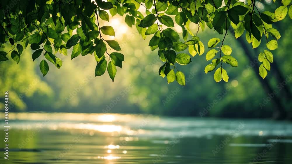 Poster sunlit green leaves and blurred tree foliage in a spring setting with a flood water effect.