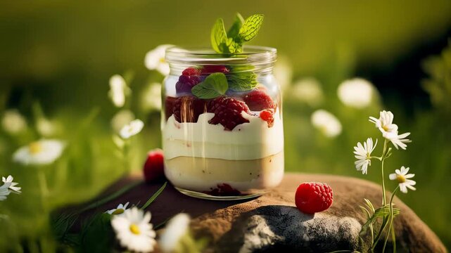 Berry parfait in nature: Fresh raspberries and cream in a glass jar Sunny day floral background