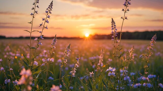 Summer field's golden evening, natural landscape