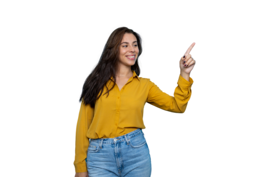 Smiling woman pointing with index finger to the side on transparent background - Powered by Adobe