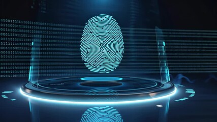 Glowing holographic fingerprint displayed in futuristic digital environment symbolizing biometric security, identity verification, cyber protection, data access control, smart authentication systems. - Powered by Adobe