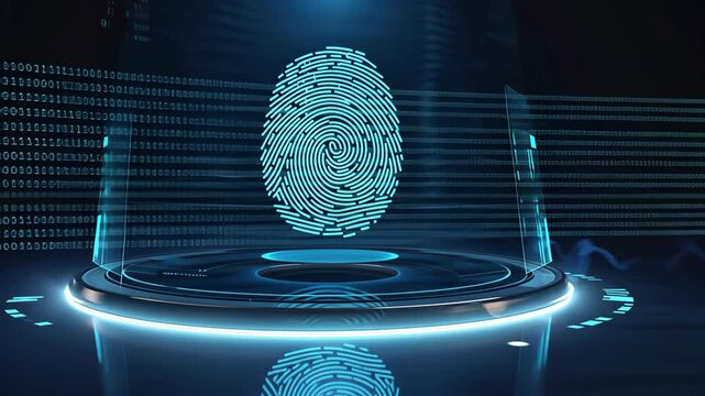 Glowing holographic fingerprint displayed in futuristic digital environment symbolizing biometric security, identity verification, cyber protection, data access control, smart authentication systems.