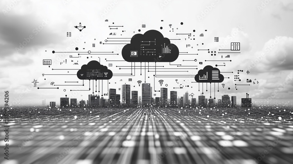 Poster cloud computing connecting data over modern cityscape