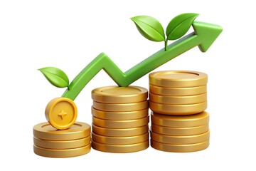 Transparent PNG 3D Financial Growth Money Investment and Wealth Profit Concept with Gold Coins Isolated on White Background.