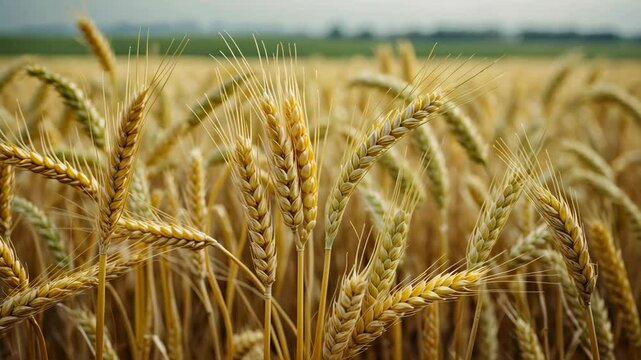Close-up macro of vibrant fresh ears of young green wheat in nature during spring and summer, with a green wheat field swaying in the countryside.