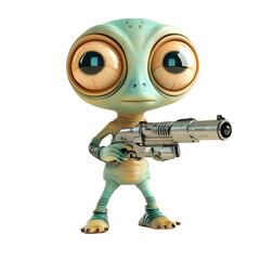 A 3D Cartoon Alien with Three Eyes Holding a Ray Gun Isolated on Transparent Background