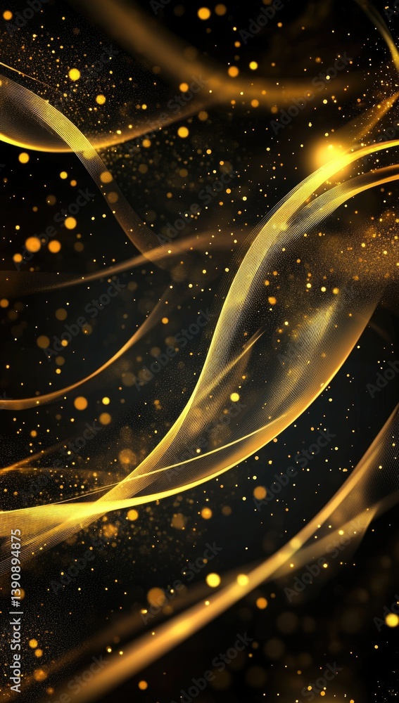 Poster a mesmerizing swirl of golden light and shimmering particles dances against a dark background. creat
