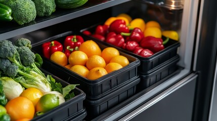 A vibrant selection of fresh produce, including vegetables and fruits, is carefully organized in baskets