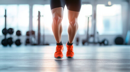 Fitness enthusiast running on gym floor with workout equipment in background  