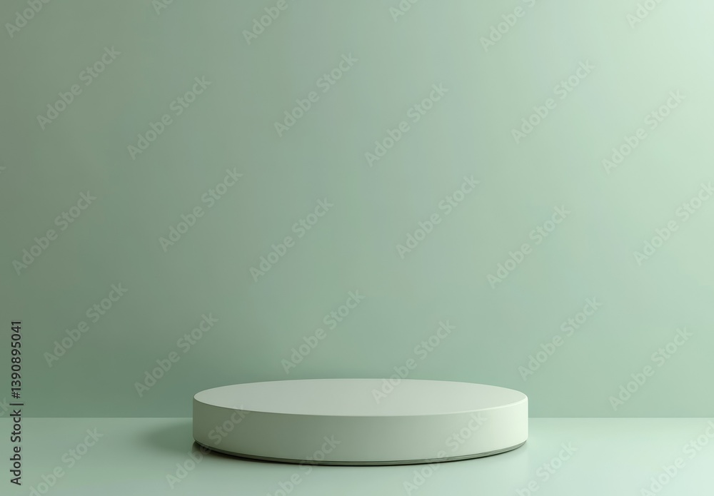 Poster a serene mint green display featuring a circular pedestal surrounded by soft. lush foliage. creating