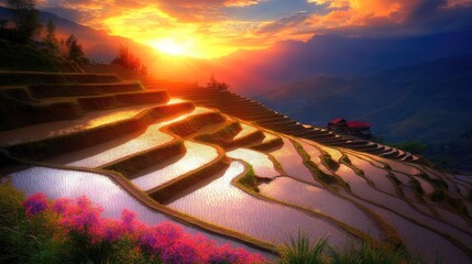 Sun rises over tiered rice paddies in mountains. Water reflects light. Dawn colours vibrant