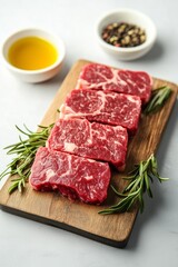 Fototapeta premium Fresh rib-eye steaks seasoned with rosemary resting on wooden cutting board