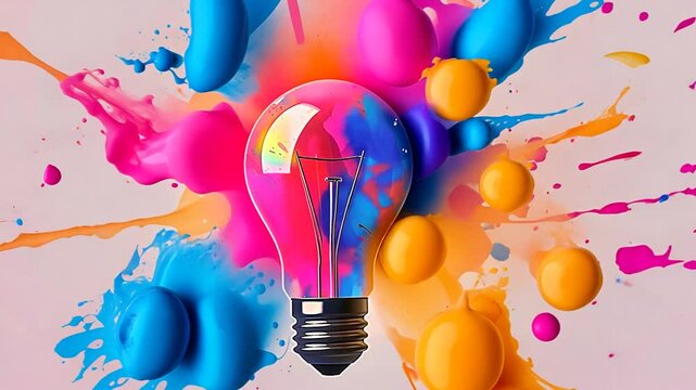 Farbspritzer treffen auf Gl&uuml;hbirne mit heller Idee