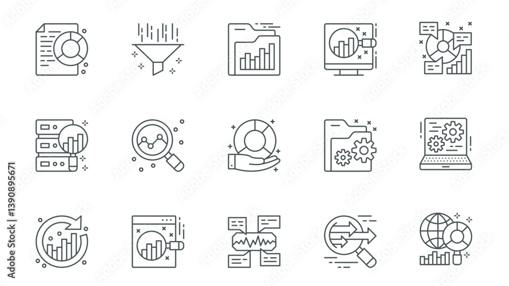 Poster Data analytics icons set in outline stroke design for web. Pack line pictograms with diagram, filter, folder, chart research, database server, sync, statistic analysis, other. Vector illustration.