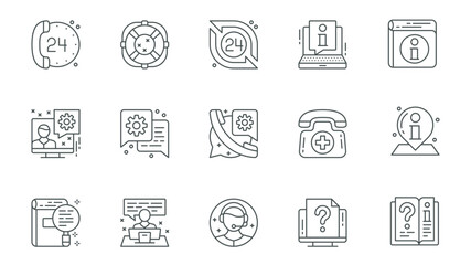 Customer service icons set in outline stroke design for web. Pack line pictograms with client call, information, online assistance, help, message, solution, support chat, other. Vector illustration.