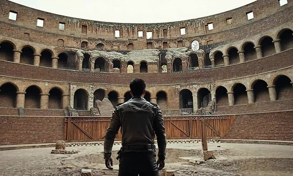 Man wearing a leather jacket in a gladiator arena. Concept of strength and battle.
