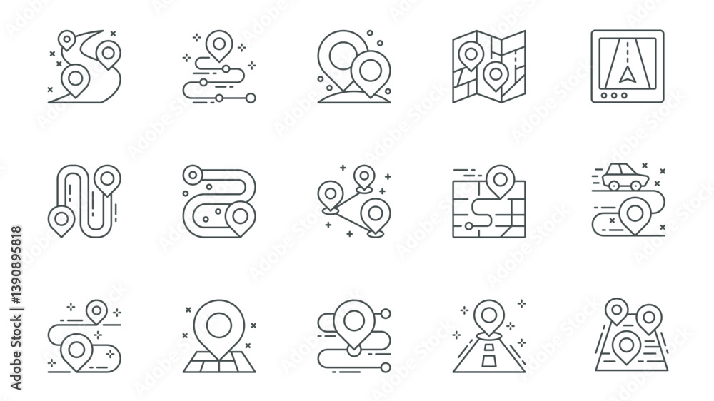 Poster GPS navigator icons set in outline stroke design for web. Pack line pictograms with route with location points, pins, map, online tracking, direction, car travel, position, other. Vector illustration.