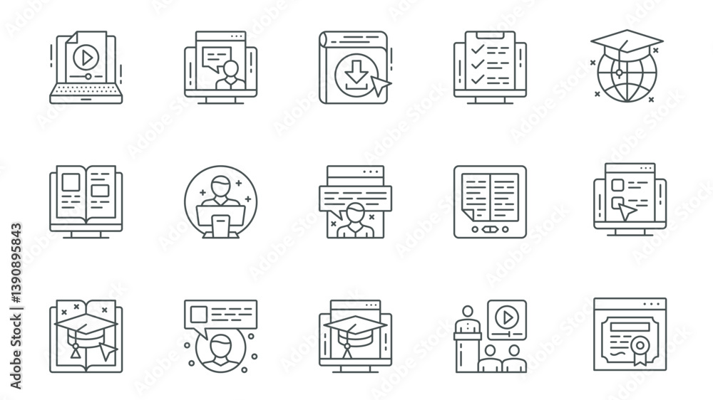 Leinwandbilder Learning icons set in outline stroke design for web. Pack line pictograms with online lesson, video at laptop, test, schedule, graduation, ebook, teacher, school chat and other. Vector illustration.