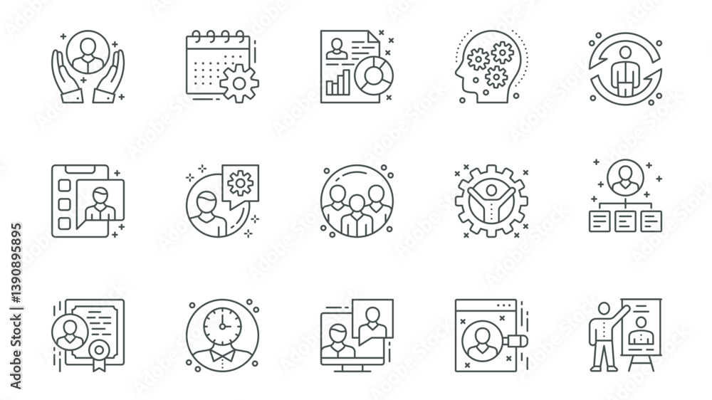 Aufkleber Office management icons set in outline stroke design for web. Pack line pictograms with employee support, calendar, process, resume, manager, teamwork, team organization, other. Vector illustration.