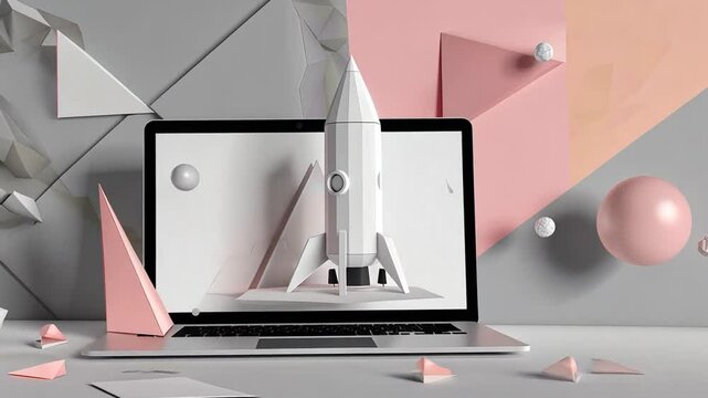 Raketenmodell vor Laptop auf geometrischem Aufbau