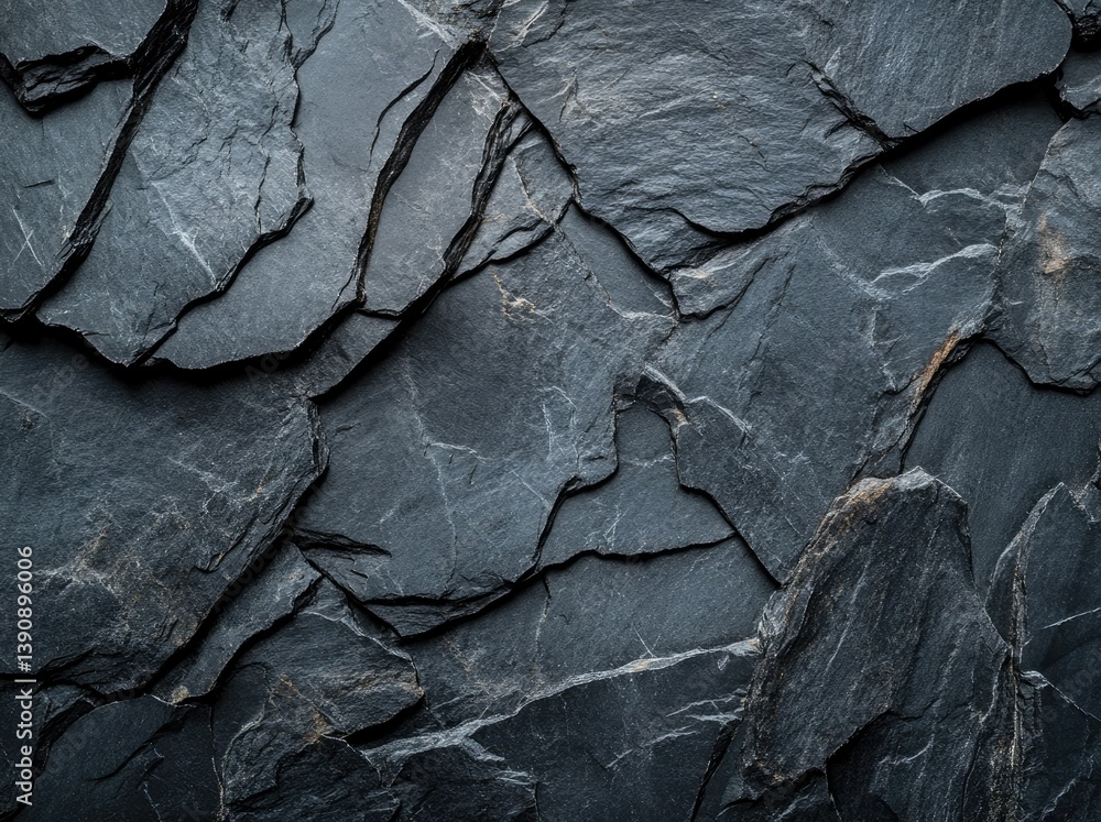 Poster a close-up view of rugged. dark slate rock formations showcasing intricate textures and layers. idea